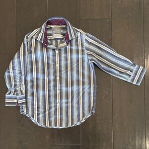 Thomas Dean Blue and White Striped Button Down Shirt